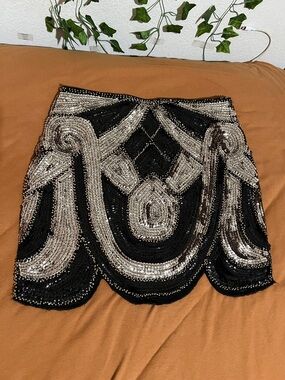 Beaded Lined Black and Silver Mini Skirt